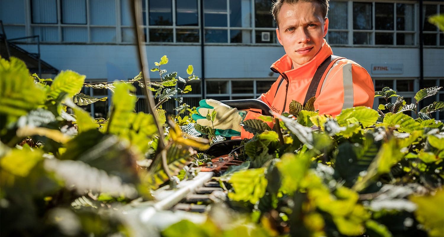 Hovenier aan het werk met een motorkettingzaag.