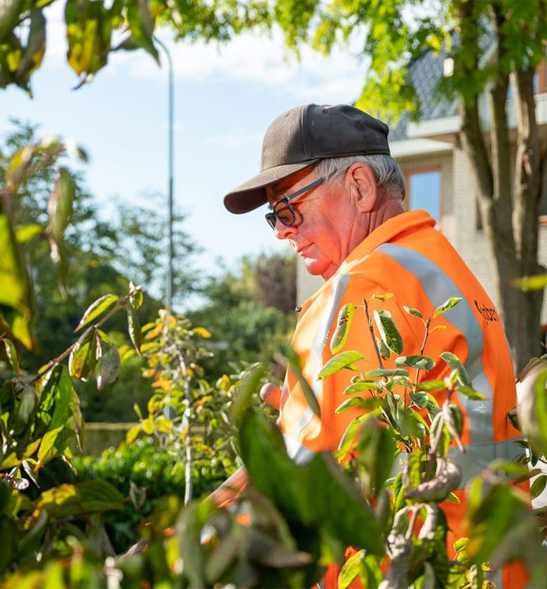 Medewerker groenvoorziening aan het schoffelen